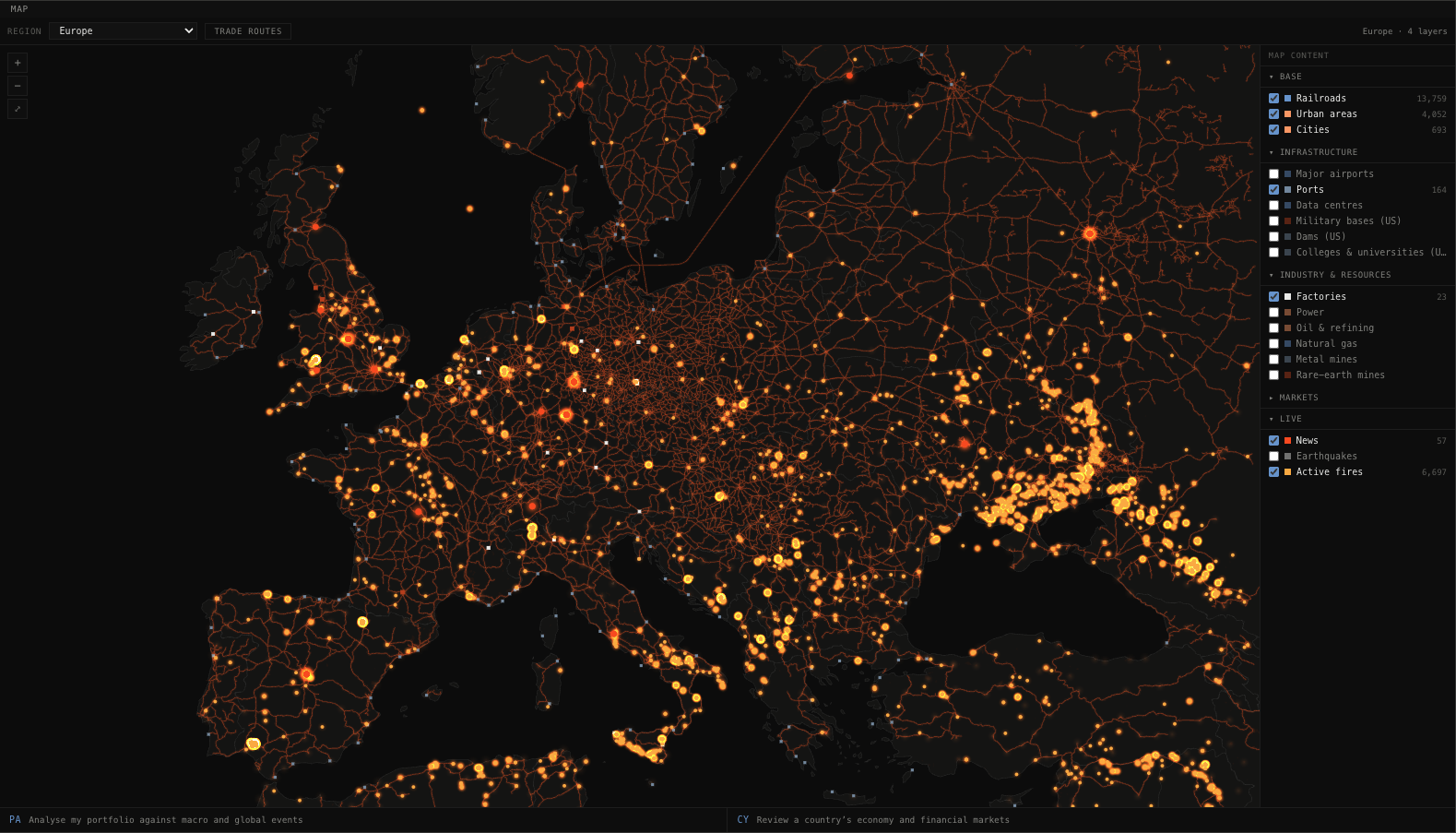 The map, with satellite fire detections over European rail, ports and cities